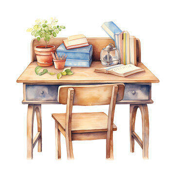 Watercolor illustration of a school desk. Generative AI, png image.