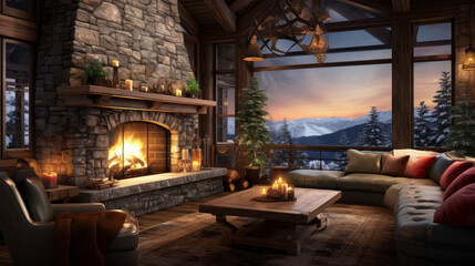 Fototapeta premium Ski Resort Getaway A room inspired by ski resort lodges, featuring a stone fireplace, wooden accents, and cozy seating for après-ski relaxation