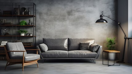 sofa and grey armchair. Industrial style home interior design of modern living room. Generate AI