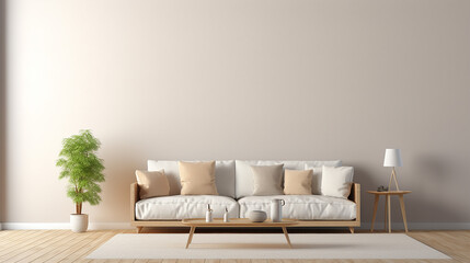 Minimalist modern living room with sofa and beige pillow interior background illustration. Generative AI - obrazy, fototapety, plakaty