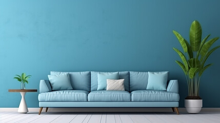 Modern cozy living room and blue wall texture background with palm. Generative AI