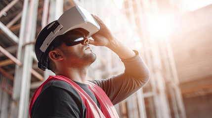 Architect or civil engineer wearing virtual reality goggles during analyzing building structure at the construction site. Generative Ai