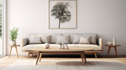 Sofa and Coffee Table Against the far wall, there's a sleek, light gray Scandinavian-style sofa with clean lines and wooden legs In front of it sits a low, oval-shaped coffee table made of light oak
