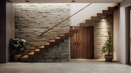 Marble staircase and stone cladding wall in rustic hallway. Cozy home interior design of modern entrance hall with door. Generate AI