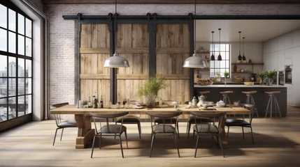 Foto op Canvas Urban Farmhouse Loft An industrial loft with farmhouse touches, including a sliding barn door, distressed wood accents, and a farmhouse dining table © Textures & Patterns