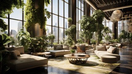 Fototapeta premium Urban Greenhouse Lounge An oasis in the city, filled with lush greenery, hanging plants, and floor-to-ceiling windows that bring the outdoors in
