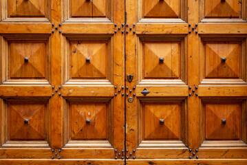 a vintage brown wooden door with ornamental square reliefs