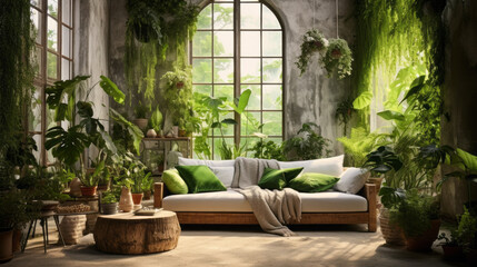 Fototapeta na wymiar Urban Jungle Retreat A lush indoor garden with hanging plants, botanical prints, and green accents A comfortable sofa and a natural wood coffee table provide seating 
