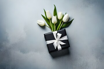 White tulip flowers and black gift box on light background flat lay. 