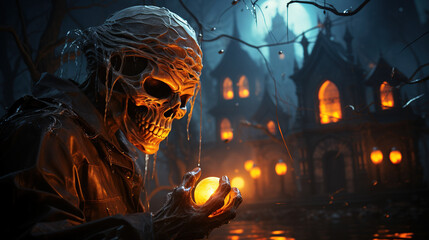 Danger Skeleton holding lentrin lightining in the graveyard night scene - obrazy, fototapety, plakaty