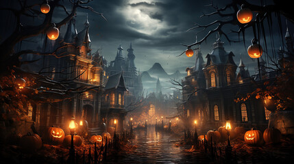 Halloween Night scene of graveyard with lightining pumpins