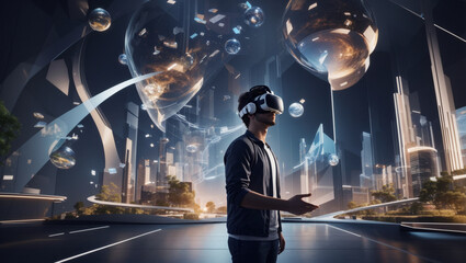 Man in the city, a designer immersed in a virtual world, using VR tools to visualize and create 3D designs or architecture.