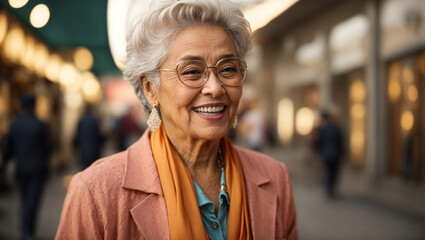 Portrait of senior person, positive energy and contagious happiness of the stylish grandmother, making it suitable for a wide range of concepts and campaigns. - obrazy, fototapety, plakaty