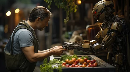 Deurstickers robot selling vegetable to man on wooden cart, vegetable market © Graphicgrow
