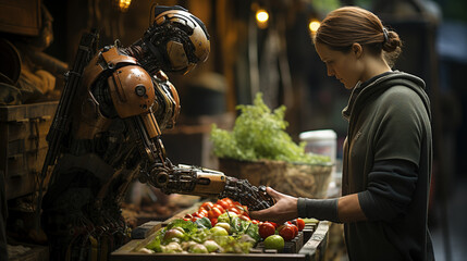 robot selling vegetable to woman on wooden cart, vegetable market