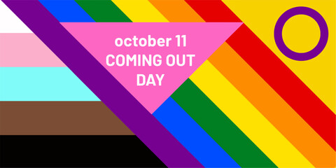 Vector image of pink triangle in the transgender, rainbow and intersex flag with text 