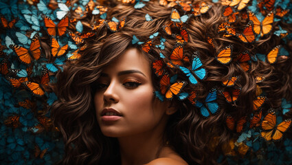 Portrait of a woman with makeup, exuding elegance and grace, with butterflies delicately perched on her hair.