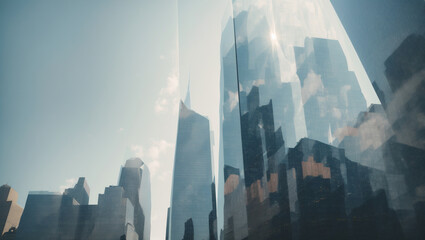 Stunning double exposure image that juxtaposes a rising stock market chart with the towering skyscrapers of a financial district.