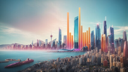 City skyline at sunset, futuristic financial chart with a modern cityscape, symbolizing the role of investments in shaping the urban future.