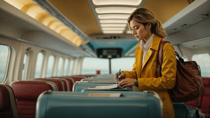 Passenger in the plane, verifying their flight details before embarking on international journeys. - obrazy, fototapety, plakaty