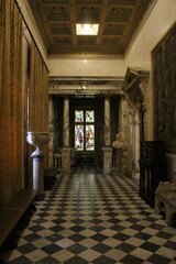 A large room with a large chandelier