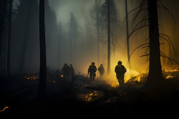 firefighters extinguish forest fires, heroic actions of firefighters - obrazy, fototapety, plakaty