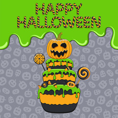 Happy Halloween card with cake, pumpkin, slime, candy. Color vector illustration.