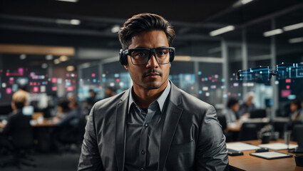 Portrait of a man, professional using augmented reality glasses in an office environment, with digital data, charts, and notifications appearing as holographic overlays in their field of view.