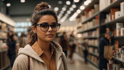 Portrait of a shopper in a modern retail store wearing AR glasses, with the glasses providing product details, prices, and reviews as they browse the shelves. - obrazy, fototapety, plakaty