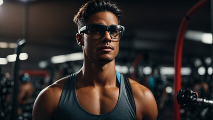 Man in gym, an athlete or fitness enthusiast wearing AR glasses, with real-time performance metrics, workout instructions, and training data superimposed on their view. - obrazy, fototapety, plakaty
