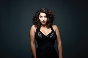 Naklejka premium Sexy chubby plus size fashion model with large breasts in black tight dress, fat curvy woman on gray background