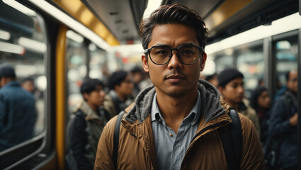 Man in the bus, a commuter navigating a busy city while wearing AR glasses that provide turn-by-turn directions, traffic updates, and public transportation information. - obrazy, fototapety, plakaty