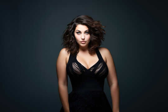 Sexy chubby plus size fashion model with large breasts in black tight dress, fat curvy woman on gray background