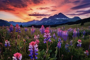 Colorful Wildflower Field at Sunrise Above Crested Butte, Colorado with Clouds and Mountain Peaks in the Early Morning Light - obrazy, fototapety, plakaty