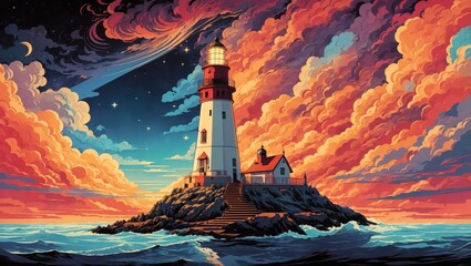 A vibrant illustration of a lighthouse on an island in the middle of nowhere. Lighthouse on a rocky island for design and wallpaper background. Symbolizes guidance and hope - obrazy, fototapety, plakaty