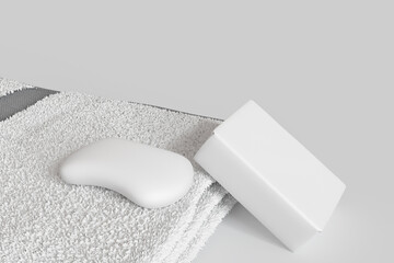 Soap and packaging on towel, Front view. for mockup design