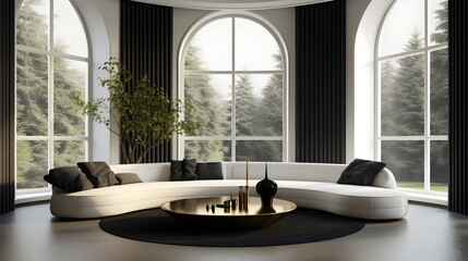 Minimalist home interior design of modern living room. Luxury black curved sofa and golden coffee tables against bay window. Generate AI - obrazy, fototapety, plakaty