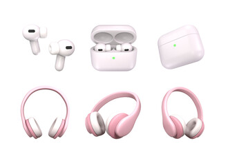 3d icon set of headphones and wireless ear pods on a transparent background. Gadgets