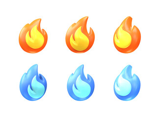 3d icon set of red and blue fire flames on a transparent background