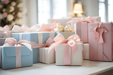 A chic preppy gift wrapping station with personalized tags and ribbon bows in pastel colors
