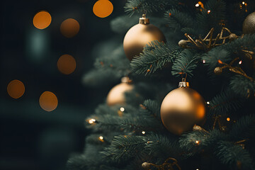 a christmas tree with golden ornaments, in the style of atmospheric and moody lighting, blurry background