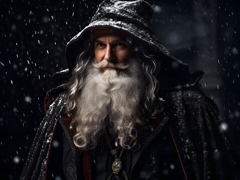 photo of Santa Claus with a dark-colored coat and a long flowing beard, dark academia style