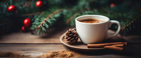 A cozy and inviting Christmas-themed photo featuring a cup of coffee surrounded by spruce branches and pinecones, banner - obrazy, fototapety, plakaty