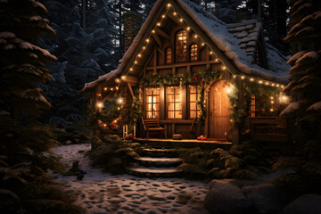 A cozy cabin in a dark forest, decorated with Christmas lights and ornaments