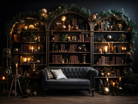 A Cozy Bookshelf Adorned With Dark Academia-inspired Christmas Decorations