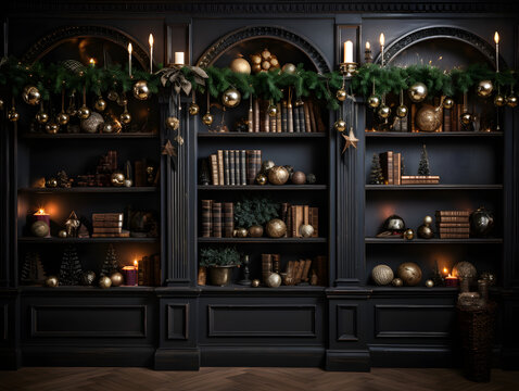 A Cozy Bookshelf Adorned With Dark Academia-inspired Christmas Decorations