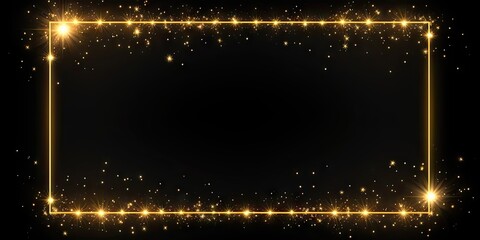 Radiant gold sparkle frame on black background. Magical glowing effect. Golden shimmer. Abstract brightness in dark space. Elegant flare. Shining with luxury and glamour - obrazy, fototapety, plakaty