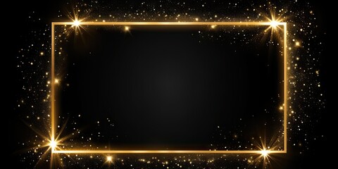 Radiant gold sparkle frame on black background. Magical glowing effect. Golden shimmer. Abstract brightness in dark space. Elegant flare. Shining with luxury and glamour