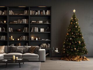 A stylish and modern dark-colored Christmas tree, decorated with sleek ornaments and minimalistic lights