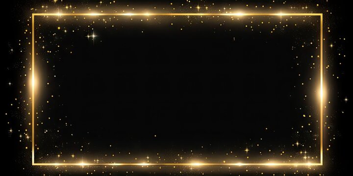 Radiant gold sparkle frame on black background. Magical glowing effect. Golden shimmer. Abstract brightness in dark space. Elegant flare. Shining with luxury and glamour